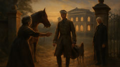 A Russian soldier returns home to his family at the manor gate