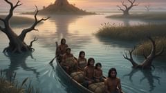 Las aguas que suben: una familia en una canoa tallada se desliza entre las crestas de los techos, bajo un cielo encapotado.