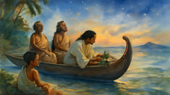 Una ceremonia de botadura de canoa invocando a Tangaroa y a Rongo, con ofrendas de taro y proas talladas, bajo un cielo de estrellas guías.