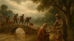 river bridge jataka villagers rebuilding scene monsoon