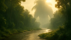 A riverbank at dusk with a looming shape in the trees
