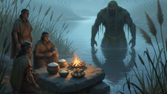 Mondbeschienene Flussbiegung mit Schilf, Silhouetten von Dorfbewohnern, die einer schattenhaften Mohán-Figur Essen anbieten.