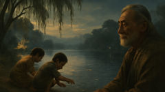 A willow-fringed river where children feed rice and chant names, evening light reflecting