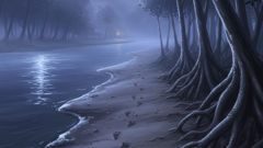 Scattered footprints and the Cuca's long clawed tracks meet at the muddy riverbank beneath a low moon.