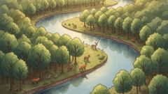 O rio, que se estende como uma fita através da floresta recém-criada, visto de uma perspectiva em aquarela, de cima.