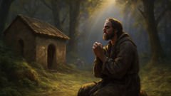 Robert the Devil, now a hermit in tattered robes, prays in a forest clearing as sunlight filters through trees.