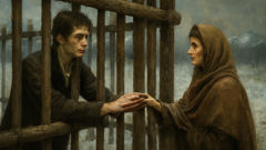Rodion and Sonya together at a Siberian prison fence under a pale winter sky.