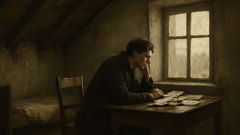 Rodion Raskolnikov in his cramped garret, slouched at a desk beneath peeling wallpaper.