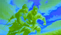 Dos hermanos gemelos unidos en batalla en un paso desgastado por el sol, mientras el caos gira a su alrededor.
