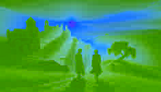 Confrontación intensa entre gemelos en una ladera cubierta de hierba iluminada por el sol, bajo cielos crepusculares.