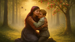 Alyonushka abraza a Ivanushka bajo un serbal al amanecer en el bosque encantado.