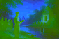 Una joven sosteniendo un frasco brillante con agua encantada bajo la luz de la luna, rodeada de luciérnagas que bailan.
