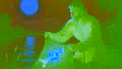 Sadko pescando un pez dorado en el iluminado por la luna río Volkhov