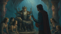 Sadko diante do Imperador do Mar, salões iluminados por pérolas e correntes, enquanto sereias e criaturas com escamas o ouvem.