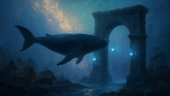Aproximação subaquática ao palácio do Tsar do Mar, com a luz e as algas movendo-se em colunas elegantes.