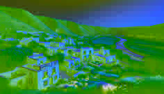 Traditional adobe houses with colorful tiles nestled between rolling green hills and a wide river.