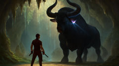 The mighty Sarangay with glowing gemstone ear confronts Lakan in a vast, mystical cave.