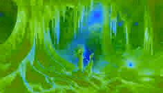 A tiny Maya spirit wearing a flower crown meets a curious scholar by moonlit roots in the jungle