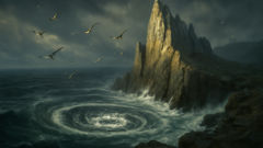 Promontório rochoso que sugere Escila, com um redemoinho nas proximidades que evoca Caríbdis.