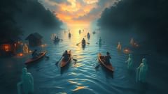 Una escena imaginada de una canoa perfilada al amanecer, espíritus del mar guiando la marea y observando desde la cresta de la rompiente.