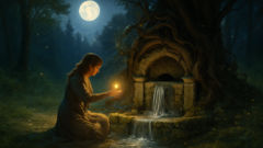 Elin restoring the ancient secret spring under moonlight with the Green Man’s charm.