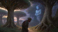 Um viajante solitário sob as altas árvores do sangue de dragão, com um Djinn sombrio observando-o por trás.