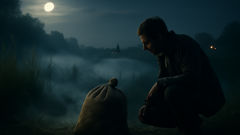 A young man stands by a river, clutching a sack that mumbles with bone and guilt