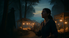 Lucia standing at a market stall as the Trauco's shadow lingers by the alder trees