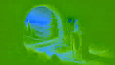 An old crone revealing a green emerald talisman under a broken stone arch with dark forest beyond