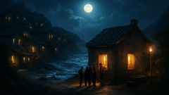 A radio studio with a glowing transmitter and a coastal view