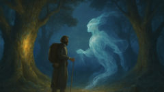 Djinn e viajante negociando sob as árvores do sangue-de-dragão, enquanto as estrelas despertam.