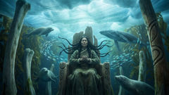 Sedna seated in an underwater palace lit by bioluminescent algae and drifting kelp