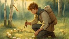 Semyon enters a Russian birch forest led by a mushroom ring at golden hour