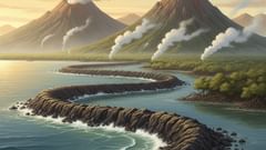 La costilla de la serpiente se convierte en una cresta — una escena imaginada en la que escamas y piedra se transforman en una montaña.