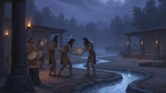 Une reconstitution historique vivante d'un rituel de demande de pluie sur une place publique, avec des motifs en forme de serpent et des offrandes jetées dans le chenal d'une rivière.