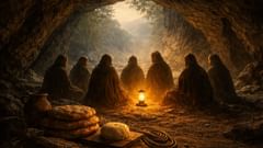 Dentro da caverna: o tênue borrão da luz de um lampião a óleo e o contorno silencioso de corpos envoltos em capas, uma cena de abrigo e determinação.