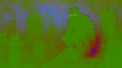 Shadowy Spring-heeled Jack with glowing eyes perches among London chimneys.