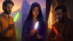 Bahram’s green feather, Soraya’s glowing silver feather, Ardeshir’s crimson feather—all radiant with magic.