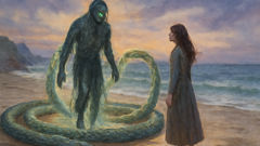 Žilvinas, the serpent king, rising from the Baltic surf at dusk before Eglė.