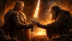 Regin presenta a Sigurd la Gram forjada de nuevo, un arma destinada a la sangre de dragón.
