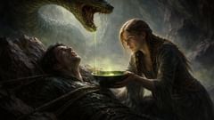 Sigyn, fiel, recoge el veneno de la serpiente, ahorrando a Loki momentos de agonía con cada cuenco.
