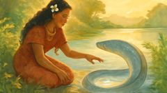 Sina kneels at the lagoon, reaching out to a wise, glimmering eel.
