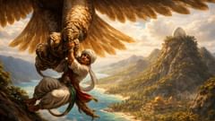 Atado por su turbante, llevado por un ave que da de comer elefantes a sus crías, Sinbad sobrevive a lo imposible.