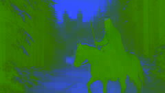 Sir Gawain rides resolutely through a frosted forest, cloak trailing behind under a pale sky.
