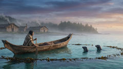 canoe at dawn near reef with two-headed Sisiutl eyes reflecting in water