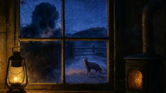 Silhouette at a frosty window with desert starlight beyond and a coyote form nearby