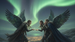 ثلاث فالكيريات يجتمعن تحت الشفق القطبي بعد يوم من الاختيار، يتشاركن تأملاً هادئاً وذكرياتٍ صغيرةٍ.