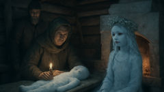 La Snegurochka, façonnée de neige par une vieille femme, à côté du four du village.