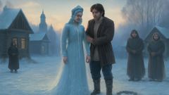 Snegurochka et Ivan sur une place enneigée, alors qu'elle commence à fondre.