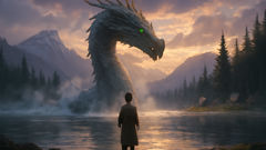 Young Solomonari apprentice encountering a dragon at a mountain lake